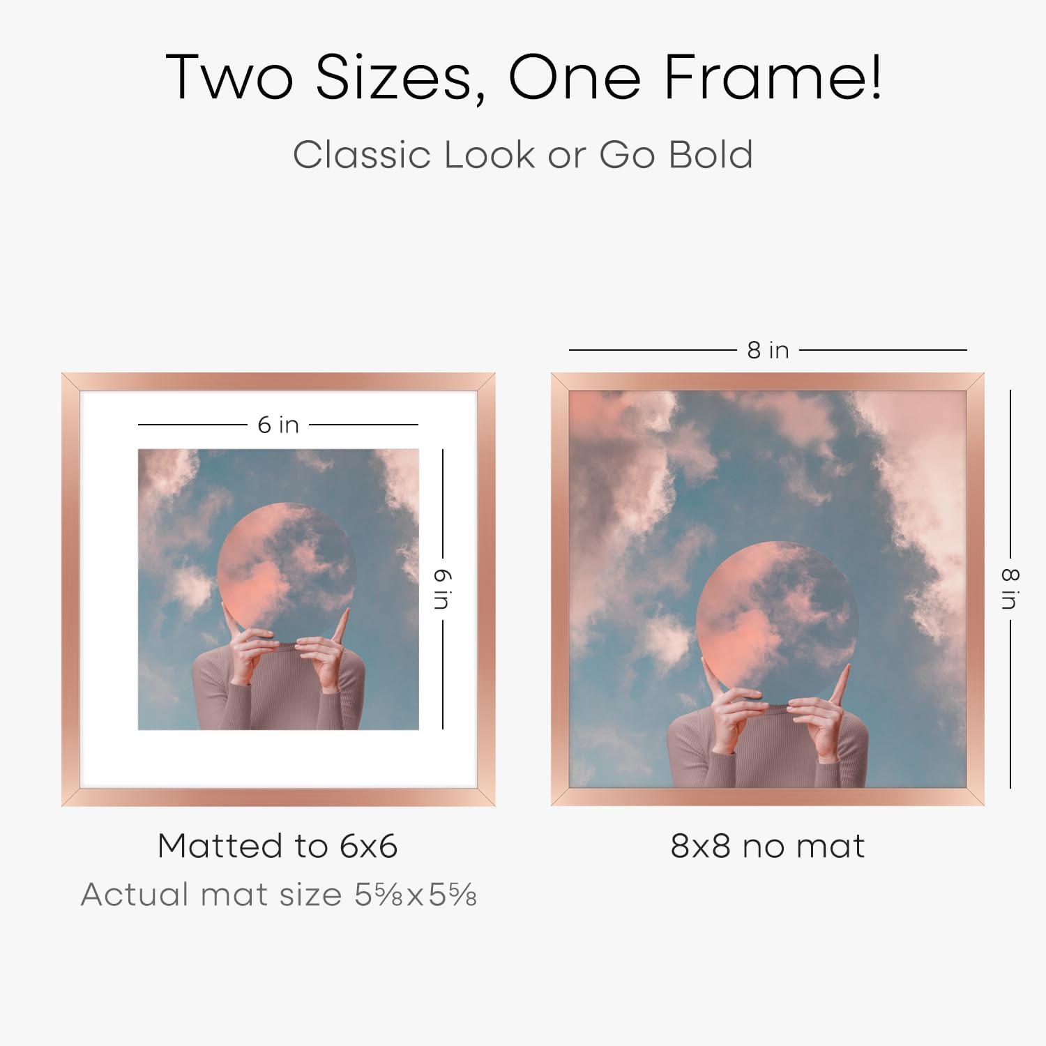 Homeforia Rose Gold Frame 8x8, High End Metal 8 x 8 Square Picture Frames with Mat 6 x 6 Art, 8x8 Photo Frame Matted to 6x6 inch Print, 8by8 Wall or Tabletop Frames, Tempered Glass, Wall Kit, Set of 2