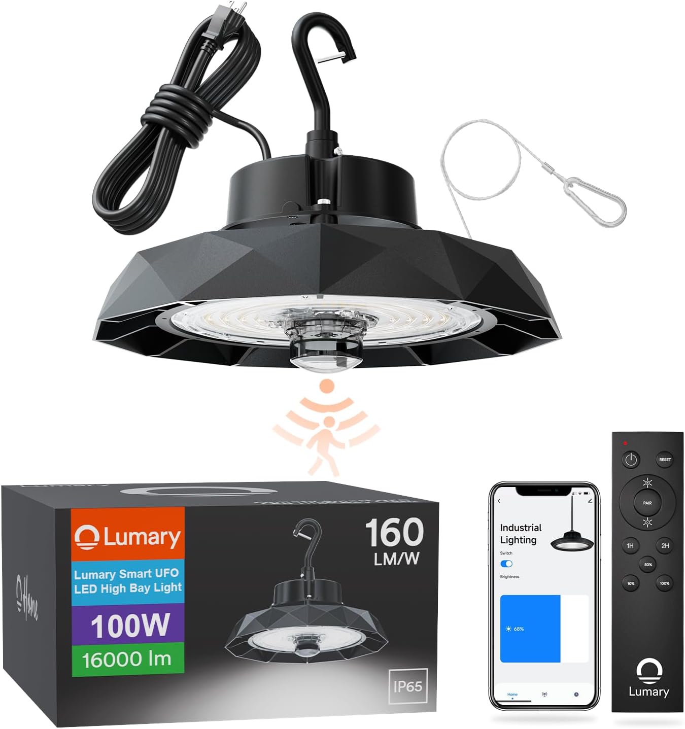Lumary Bluetooth UFO LED High Bay Light with Remote, Adjustable Motion Detection, 16,000lm 5000K Daylight for Shop Garage, Aluminum Fin, Work with Alexa via Hub(Sold Separately), 120-277V, 100W