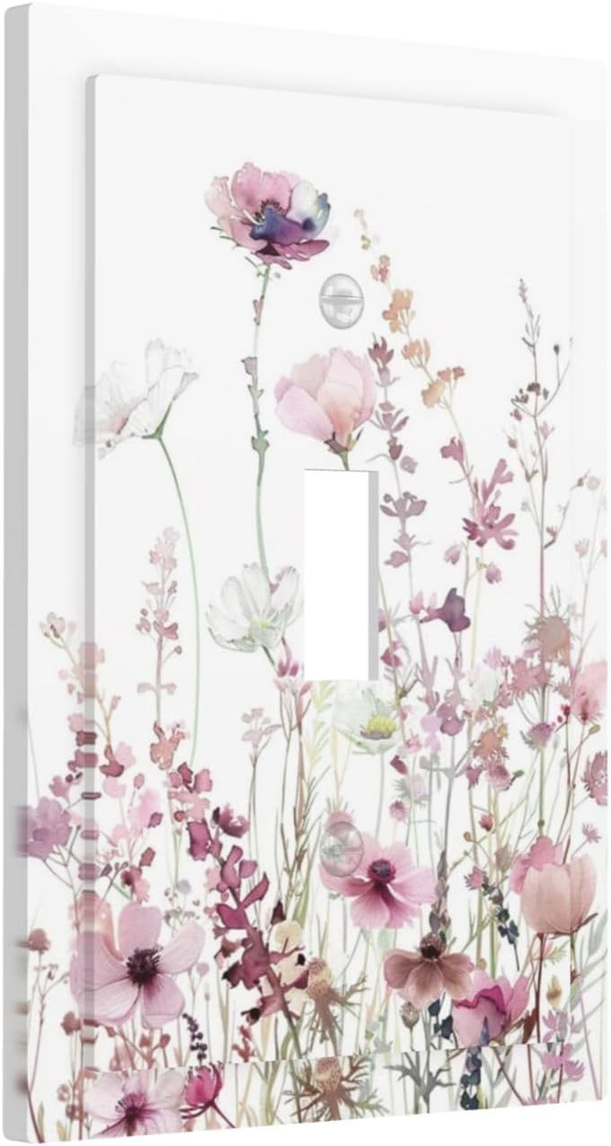Floral Pink Watercolor Wildflowers Plant Flower Decorative Light Switch Cover 1 Gang Single Toggle Device Electrical Faceplate Switchplates Decorator Outlet Wall Plate for Bedroom Living Room Decor
