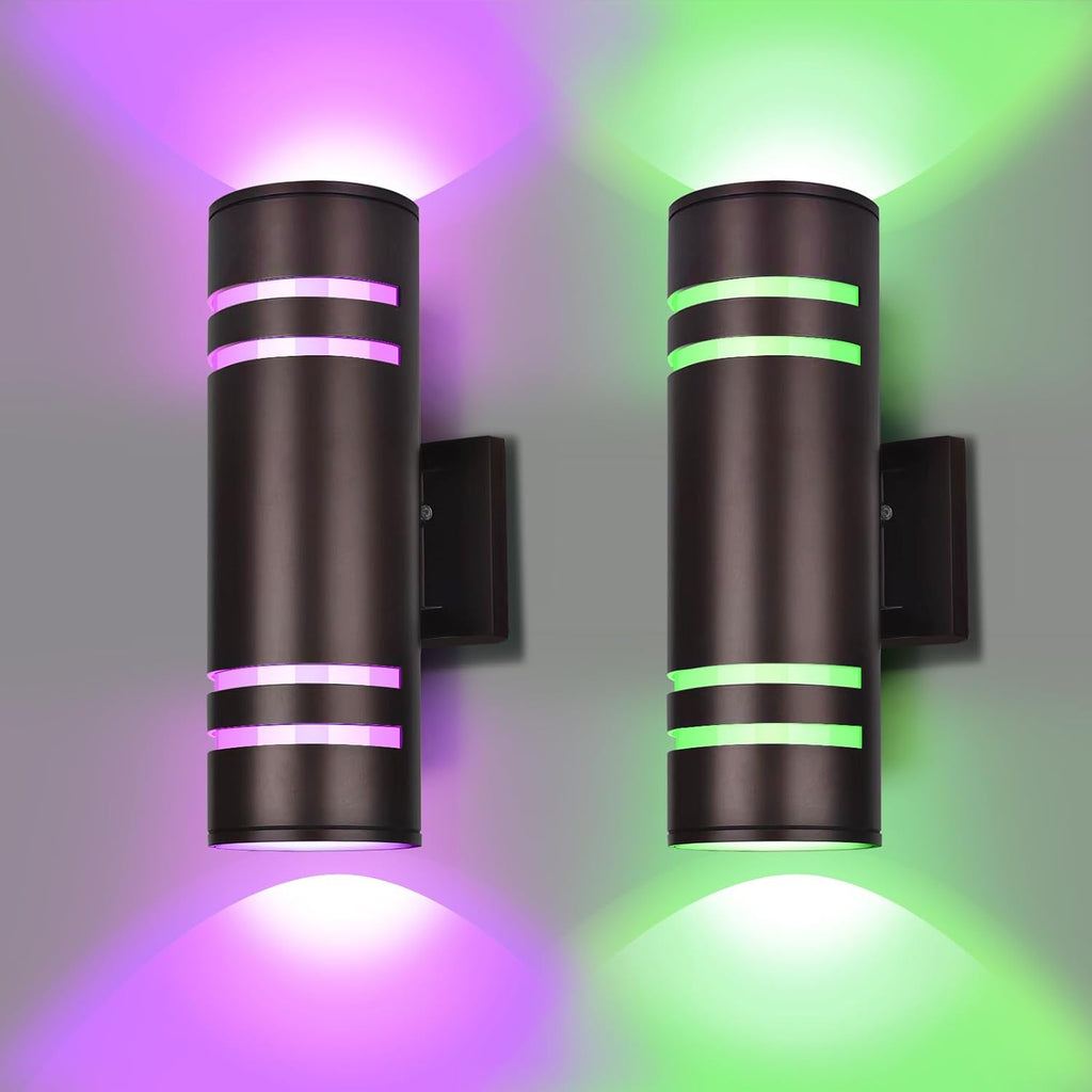 Smart Outdoor Wall Lights Color Changing 2 Pack, RGB+2700K-6500K Modern Exterior Lighting Fixtures Cylinder Outside Wall Sconce with Glass, WiFi APP Control Up Down Outdoor Porch Lights