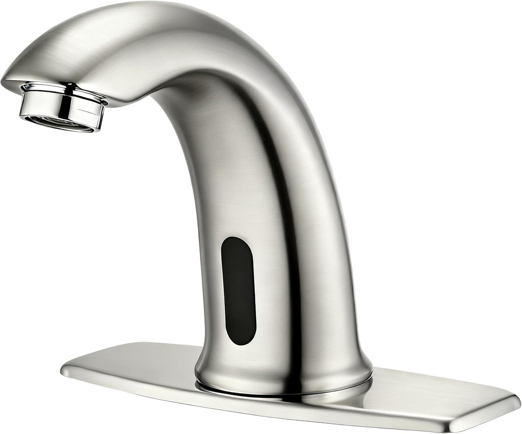 Touchless Bathroom Sink Faucet Automatic Motion Sensor Hands Free Faucet with Hole Cover Plate and Temperature mixing water valve,Commercial Solid Brass Faucet,1 Hole or 3 Hole, AC/DC Powered (Nickel)