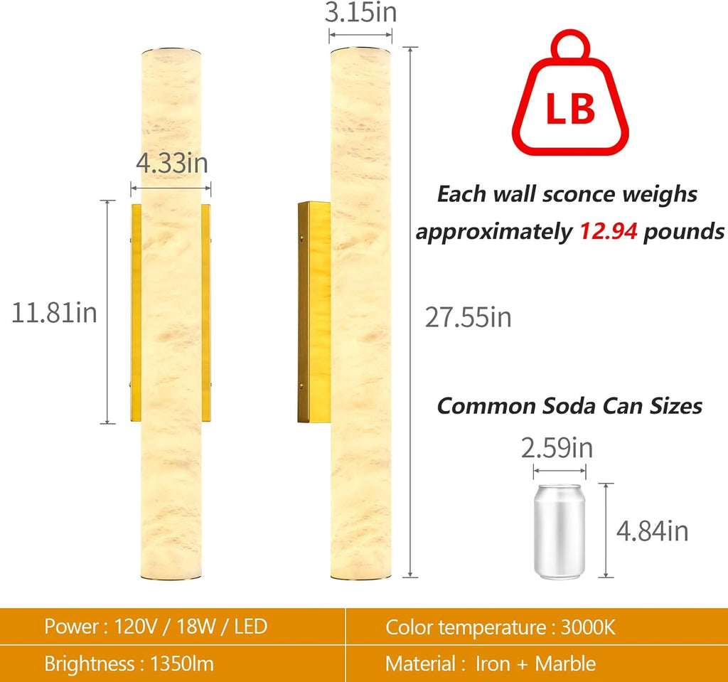 LMQNINE Natural Alabaster Wall Sconces Set of Two Spanish Marble Wall Light Cylinder Modern Gold LED Sconce for Living Room Bedroom Bathroo Stairs（M-2Pack）
