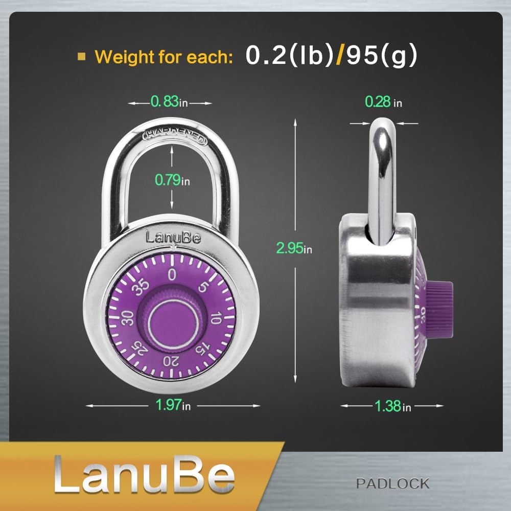LanuBe Standard Dial Combination Lock, 2 inches. Wide, with Different Combinations, Purple Turnplate, Pack of 12; Lock for School, Employee, Gym Sports Locker, Case, Toolbox
