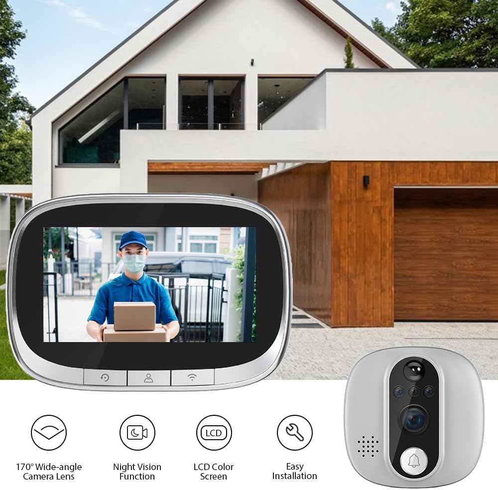 Smart Video Doorbell Camera, WiFi Door Peephole Camera with 4.3in Display Monitor, Tuya APP Wireless Digital Door Viewer, Integrated Doorbell and Night Vision, Rechargeable 3500Ah Battery