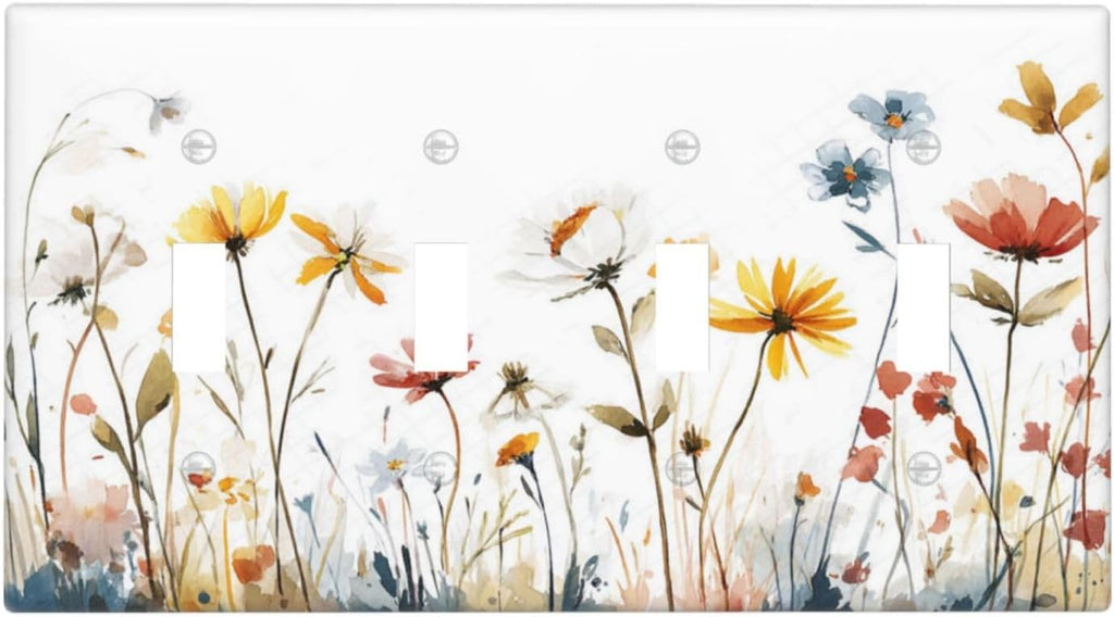 Watercolor Wildflower Colorful Floral Plant Light Switch Covers Quad Toggle Electrical Faceplate 4 Gang Wall Plate Decorative Switch Plates for Bed Room Living Room Decor