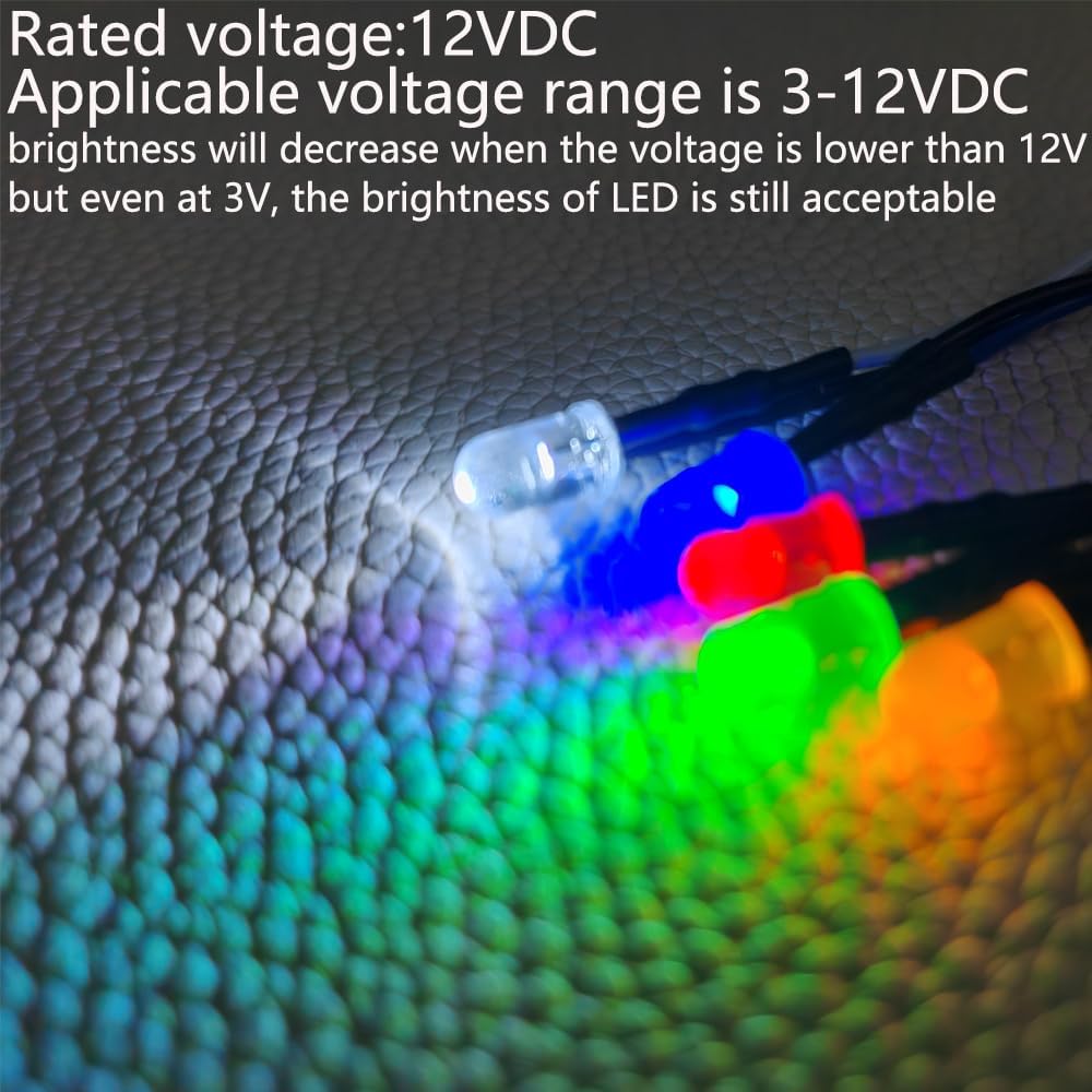 50pcs 5mm Red, Yellow, Green, Blue, White LED Lights, 12VDC Prewired 7.8 Inch V LED Light Diffused Lens