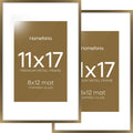Homeforia 11x17 Bronze Picture Frame, High End Metal 11x17 Brass Poster Frames with Mat 8x12 for Photo, 11 x 17 Frame Matted to 8 by 12 inch Print, 17x11 Thin Frame, Tempered Glass, Wall Kit, Set of 2