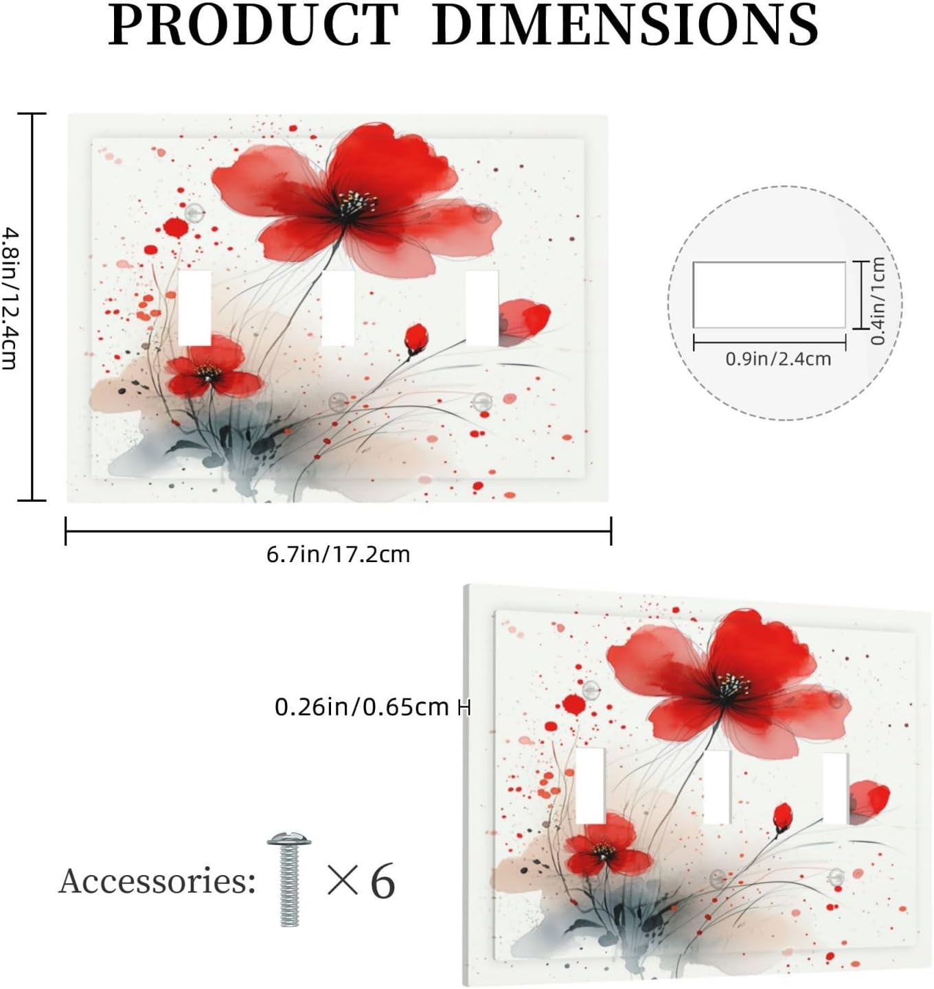 Vintage Watercolor Red Flowers Floral Decorative Switch Plates 3 Gang Wall Plate Triple Toggle Light Switch Cover Electrical Wall Panels Faceplate for Bedroom Bathroom Decor