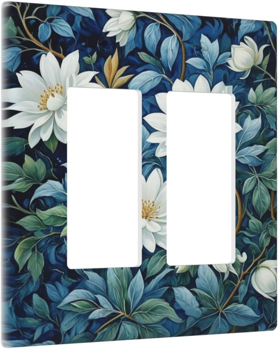 White Flowers Green Leaves Dual Outlet Covers Wall Plate 2 Gang Rocker Decora Decorative Switchplate Electrical Faceplate GFCI Light Switch Covers for Farmhouse Living Decor