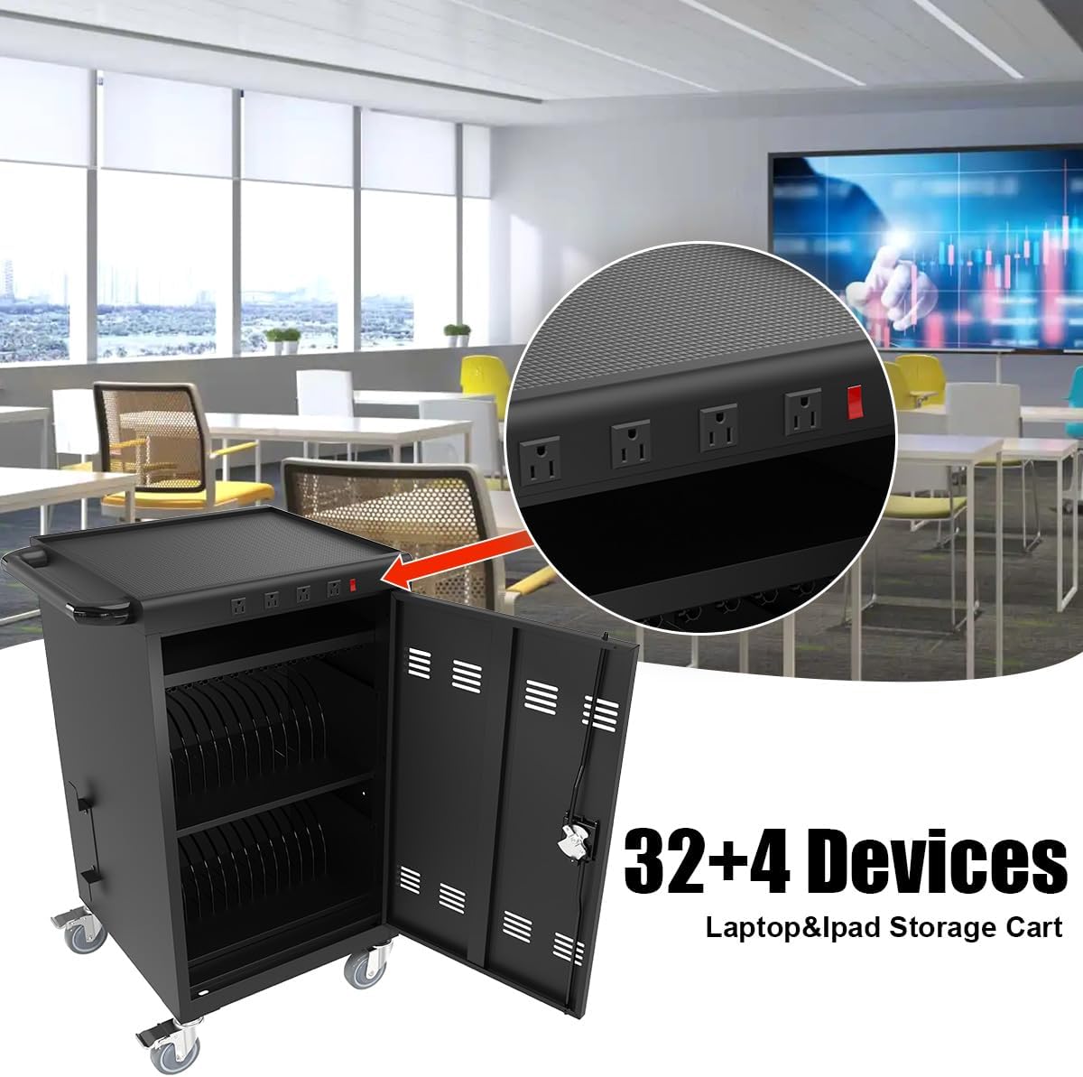 Laptop Charging Cart, 31+4 Charging Ports Laptop Storage Cart, 35-Bay Mobile Charging Cabinet for iPads up to 16.3", Chromebook Devices, Cord Management, Access Lock.School,Business.Black