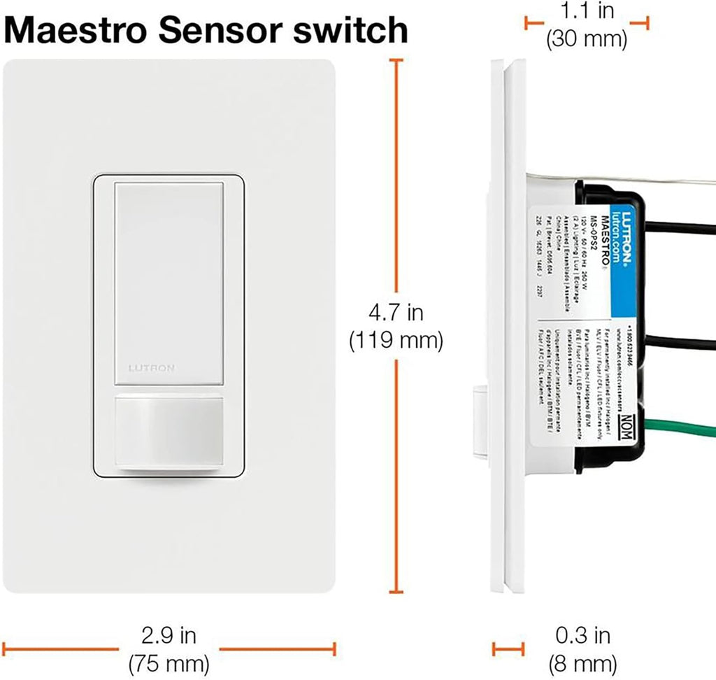 Lutron Maestro Motion Sensor Light Switch Indoor for Bathroom, Garage, Laundry Room, Closet, Occupancy Sensor Light Switch, Single-Pole, No Neutral, MS-OPS5M-WH, 3 Pack