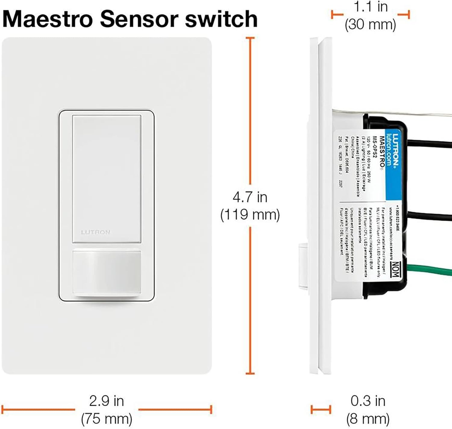 Lutron Maestro Motion Sensor Light Switch Indoor for Bathroom, Garage, Laundry Room, Closet, Occupancy Sensor Light Switch, Single-Pole, No Neutral, MS-OPS5M-WH, 3 Pack