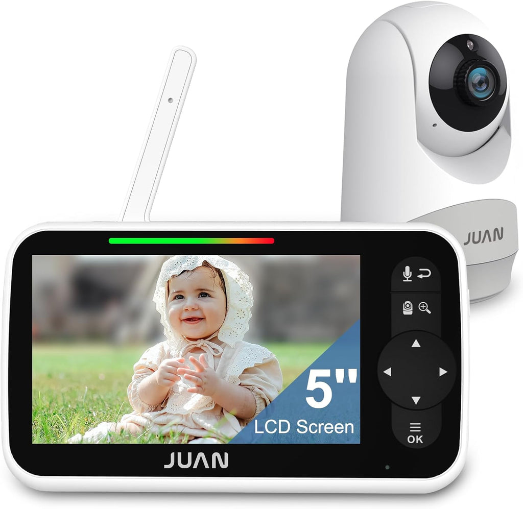 JUAN Baby Monitor with Camera and Audio, 5" LCD Screen, No WiFi 100% Private, 3500mAh Long Battery, 1000ft Range Connection, Remote Pan-Tilt-Zoom, Crystal Night Vision, 2-Way Talk for Newborn Infant