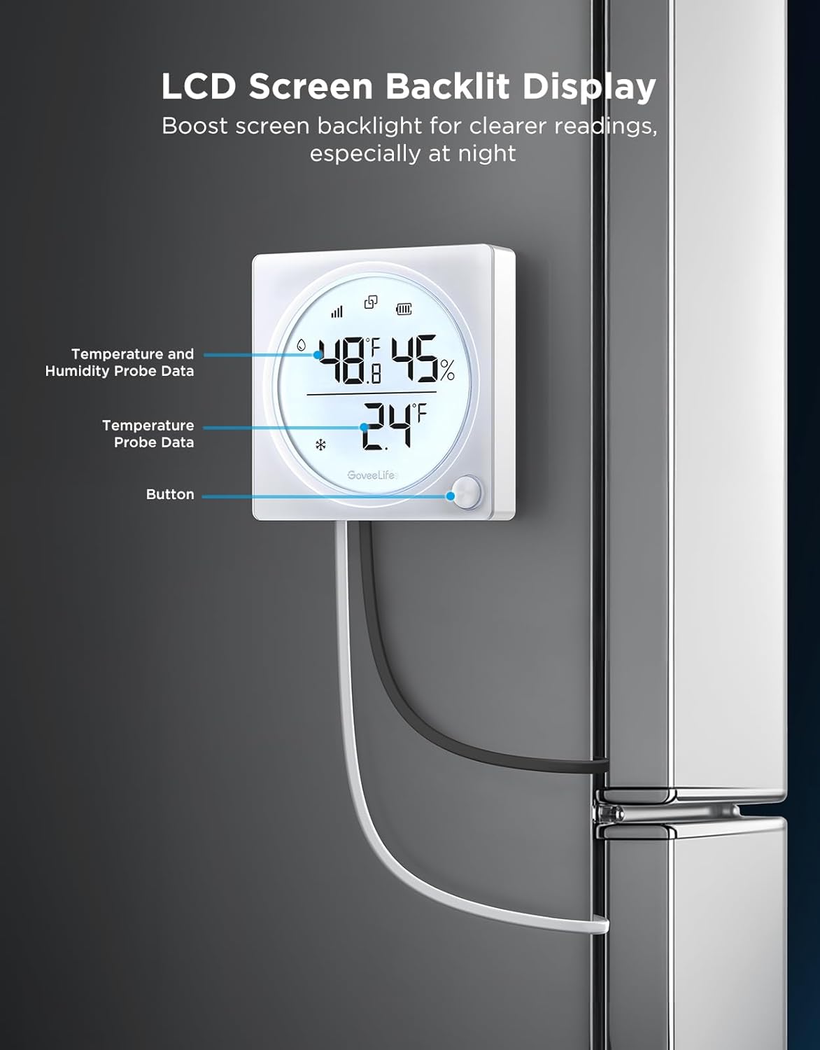 GoveeLife Upgraded WiFi Freezer Temperature Pro with Alarm, Wireless Digital Refrigerator Thermometer Hygrometer with App Email Notification, LCD Display, Free Data Export, for Fridge Kitchen Farming