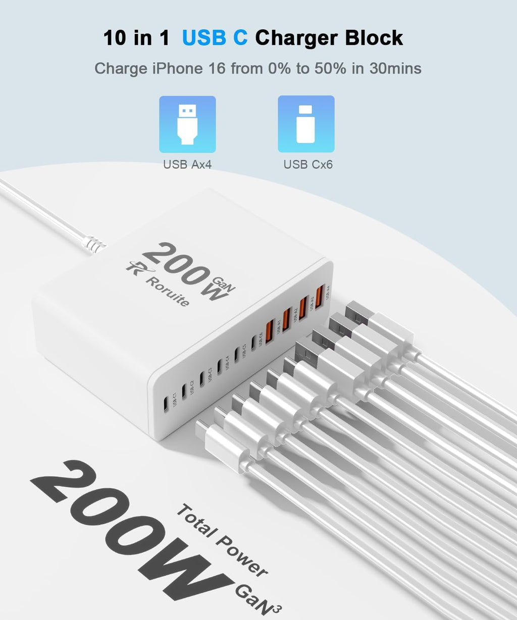USB C Charging Station 10 Port with 4 USB Cables, 200W GaN Type C Charger Block, Wall Charger Power Strip Adapter Plug for iPad iPhone17 16 15 14 13 12 Pro Max Pixel Note Galaxy
