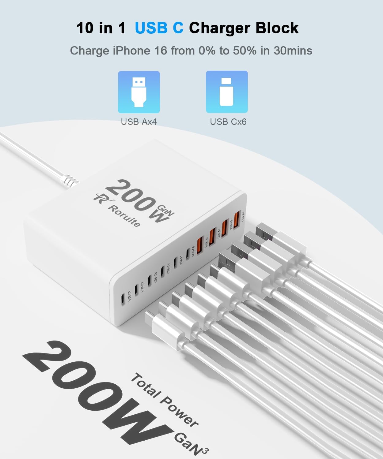 USB C Charging Station 10 Port with 4 USB Cables, 200W GaN Type C Charger Block, Wall Charger Power Strip Adapter Plug for iPad iPhone17 16 15 14 13 12 Pro Max Pixel Note Galaxy