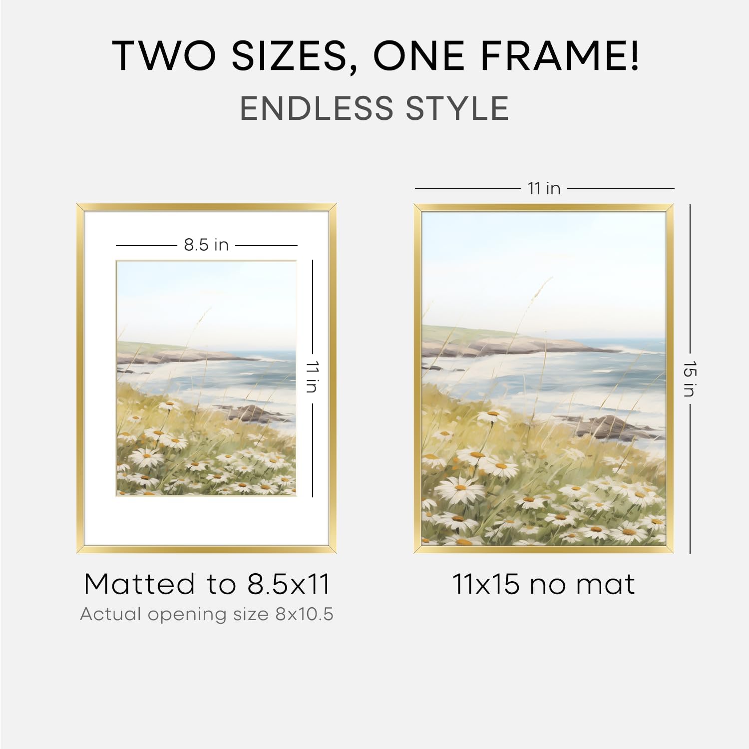 Homeforia 11x15 Picture Frame Gold, High End Metal 11x15 Poster Frames with Mat for 8.5x11, 11 x 15 Gold Frames Matted to 8.5 x 11 inch Photo, 11by15 Hanging Frames, Tempered Glass, Wall Kit, Set of 1