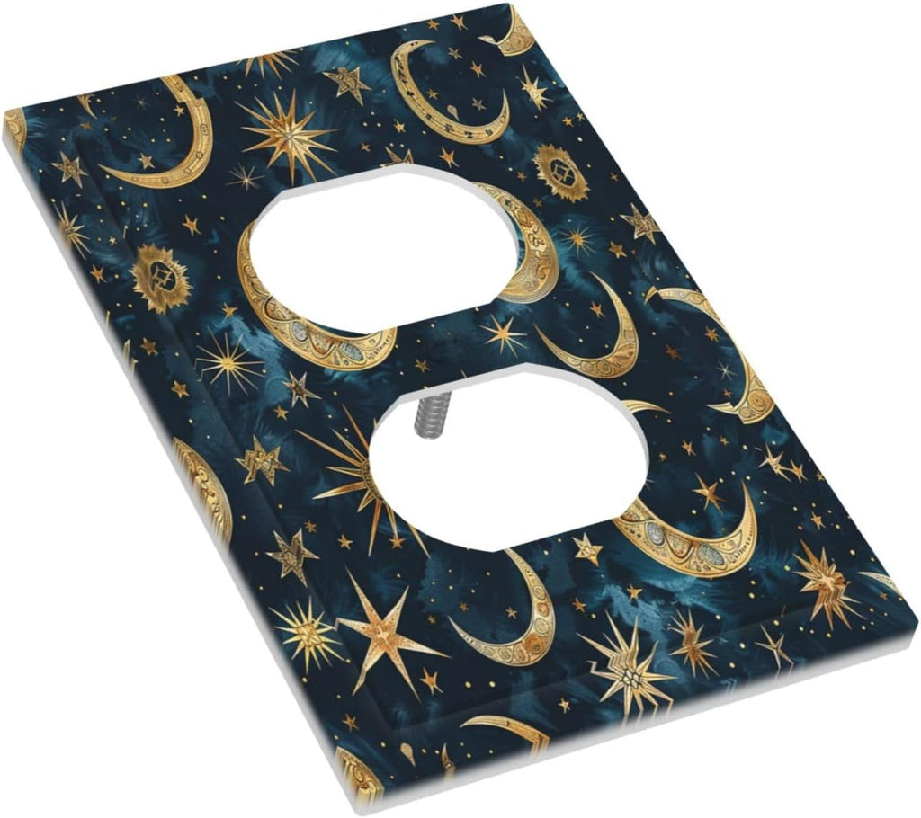Outlet Covers Modern Abstract Sky Blue Gold Moon Sun Star 1 Gang Duplex Wall Plate Decorative Switch Plates Electrical Receptacle Faceplate Light Switch Cover for Bedroom Kids room Decor