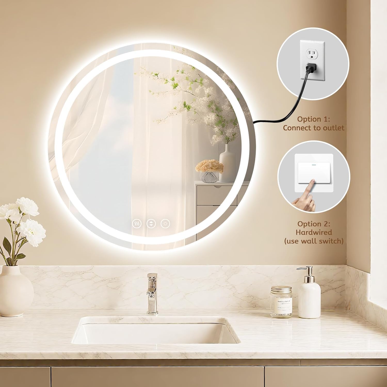 Round LED Bathroom Mirror with Lights, Backlit & Front Lighted, Wall-Mounted Vanity Mirror 3000K/4000K/6000K, Memory Functions, Anti-Fog, Dimmable Smart Mirror (Round 28" x 28")