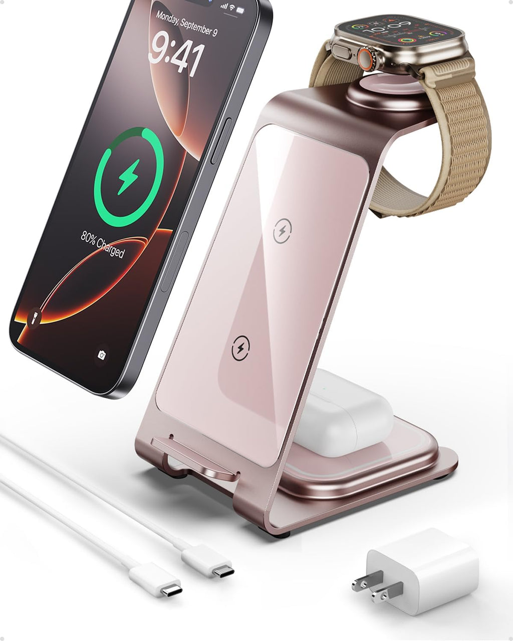 Intoval Aluminum 3 in 1 Wireless Charging Station for iPhone 17 16 15 14 13 12 11 Pro Max XR, Wireless Charger for Apple Watch 11 10 9 8 7 Ultra SE 3 2, Phone Charger for AirPods 4 Pro 2 3 (Pink)