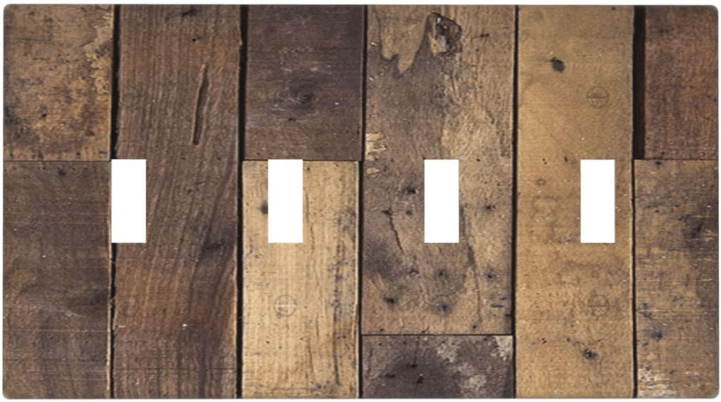 Cool Brown Wood Style Vintage Rustic Print Light Switch Covers Quad Toggle Electrical Faceplate 4 Gang Wall Plate Decorative Switch Plates for Farmhouse Home Decor