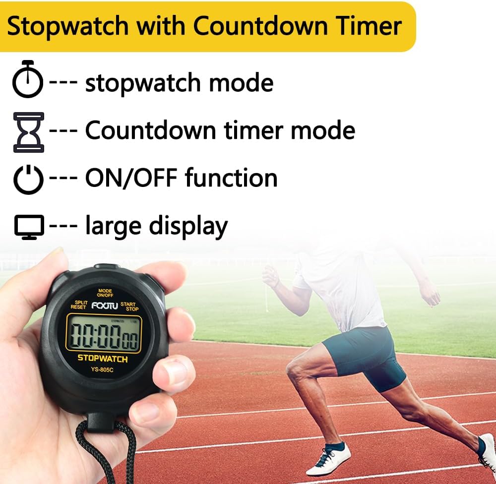 FCXJTU Simple Stopwatch Timer, Single Lap Stopwatch Countdown Timer, No Hourly Beep, On/Off, AAA Battery(Included), Large Display, Easy to Use, Ideal for Kids Coaches Yellow