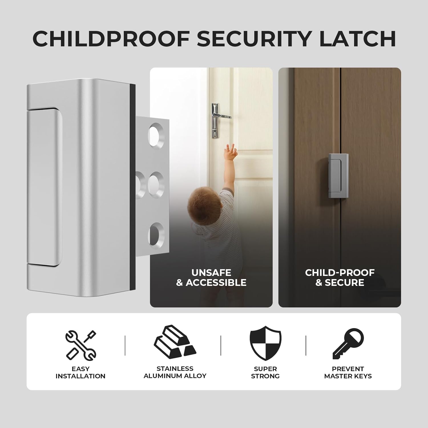 6Pack Home Security Door Reinforcement Lock Childproof, Door Locks for Kids Safety, Door Lock Latch Stopper for Front Door Inside Top of Door, Aluminum Construction Finish