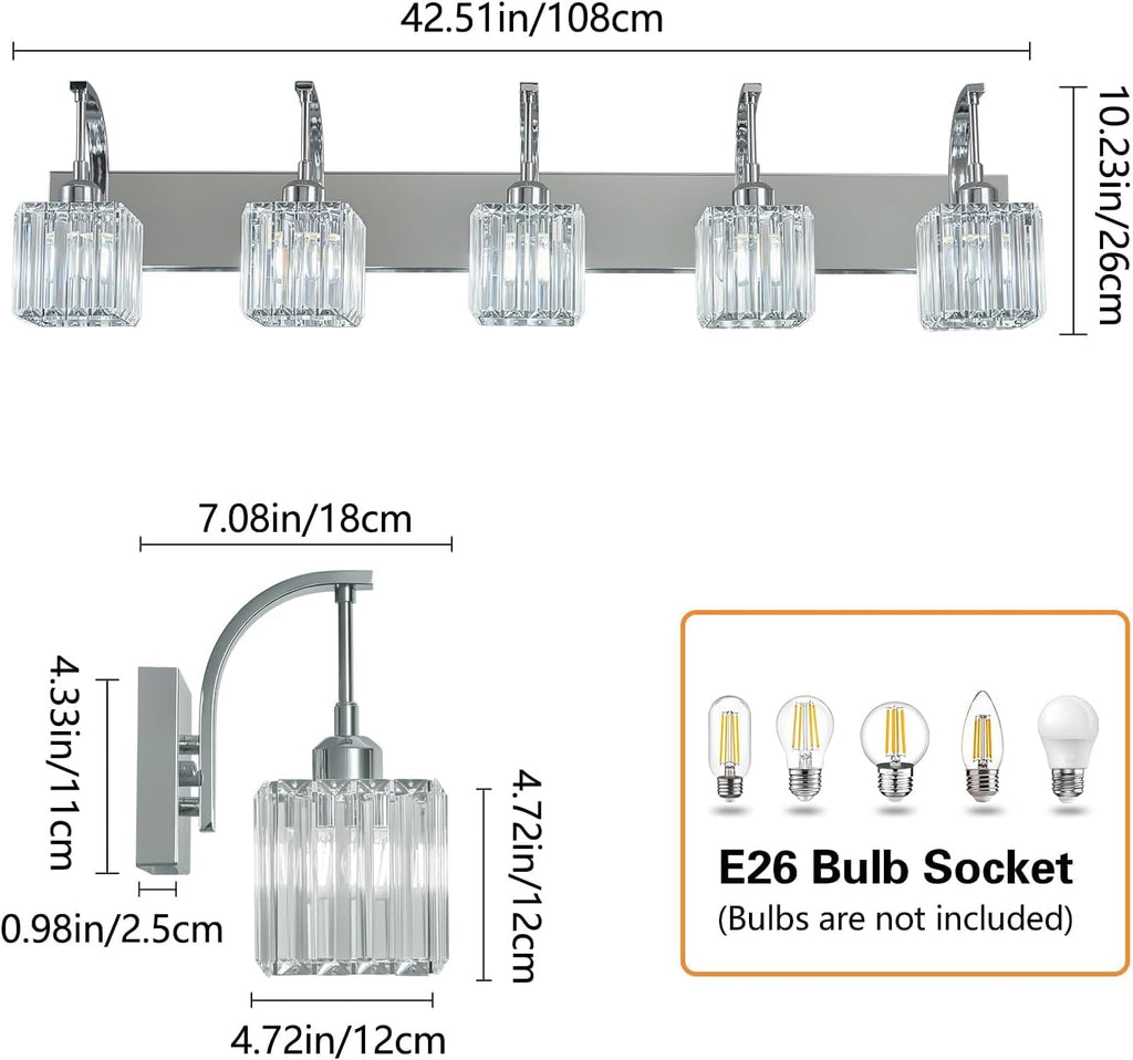 Crystal Vanity Lights 5-Light Chrome Bathroom Vanity Lights Modern Crystal Bathroom Light Fixtures Over Mirror 42.51" Long Vanity Light for Bathroom