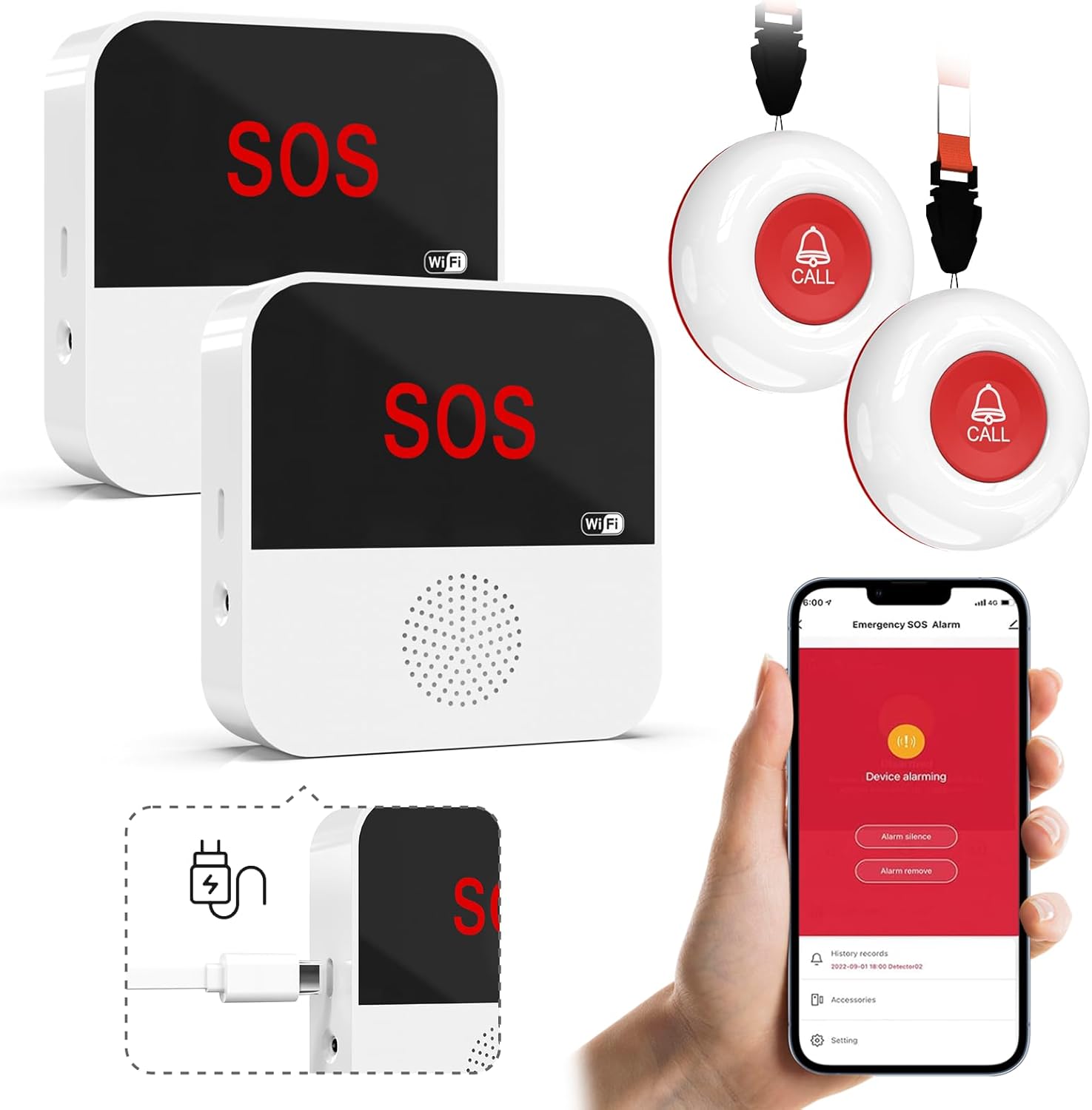 WiFi Rechargeable Smart Caregiver Pager System - Wireless Nurse Call Button with SOS Emergency Alert for Elderly, Patients, Disabled & Kids (2.4GHz WiFi Only, 2 Button + 2 Receiver)