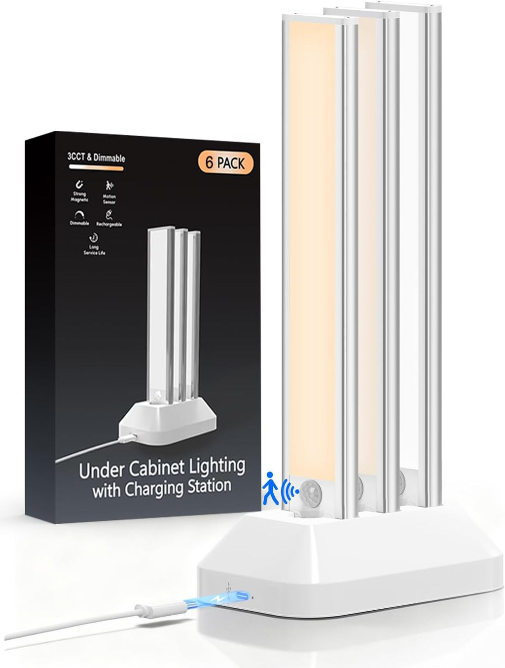 10in Under Cabinet Lighting with Charging Station, 2200mAh Rechargeable Wireless Motion Sensor Lights Indoor,Closet Lights with 3 Color Tempers, Battery Operated Cabinet Lights for Kitchen, 6-Pack