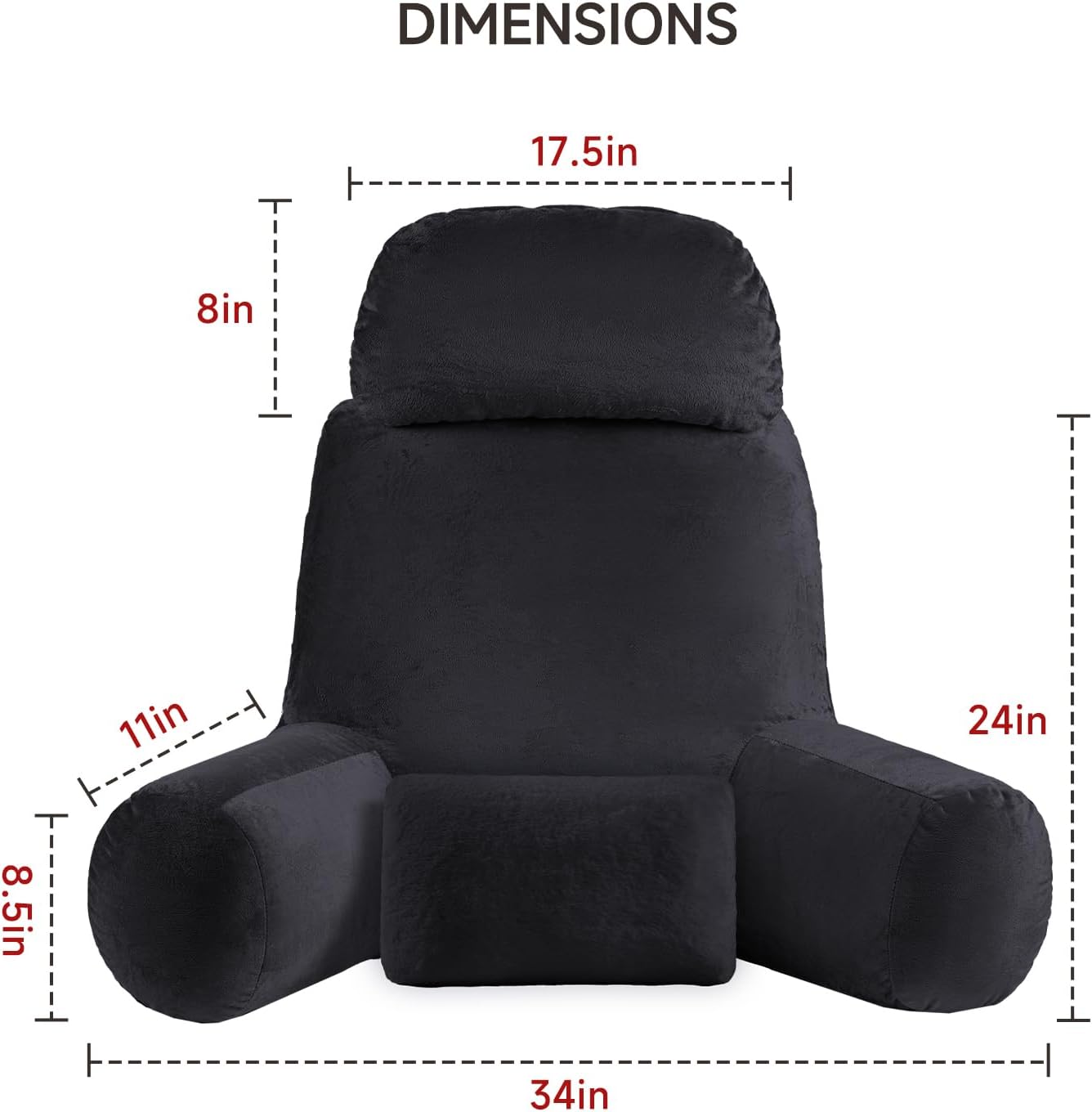 NOONTIDE Reading Pillow for Sitting up in Bed and Couch,32" X-Large Back Pillow for Adult & Teens with Soft Adjustable Neck Roll Backrest Pillow,Washable Cover,Watching TV/Gaming/Relaxing(Black)