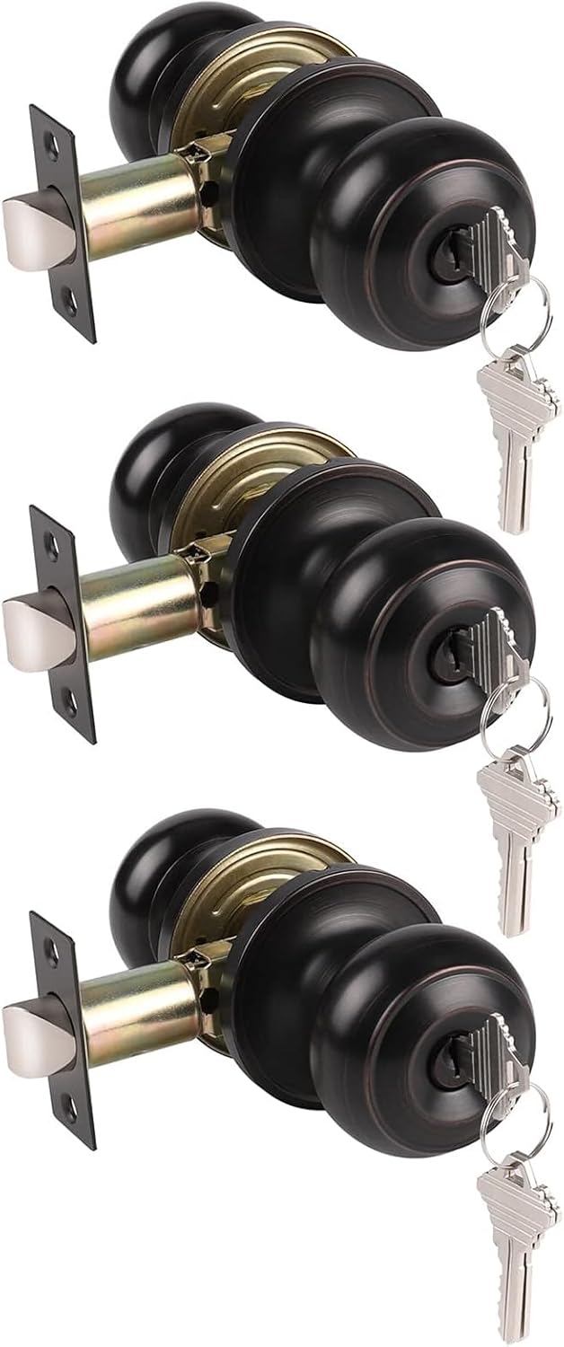 Gobrico Flat Ball Round Keyed-Alike Entry Knob for Exterior Door Oil Rubbed Bronze Finished 3Pack