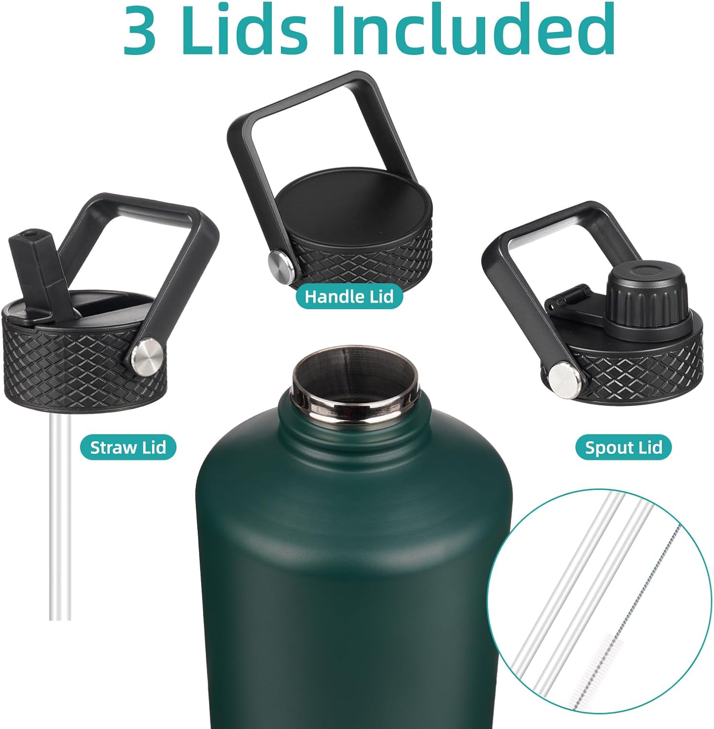 Gallon Insulated Water Bottle with Straw,128 oz 3 Lids Water Jug with Carrying Bag,Paracord Handle, Double Wall Vacuum Stainless Steel Metal Flask,Dark Green