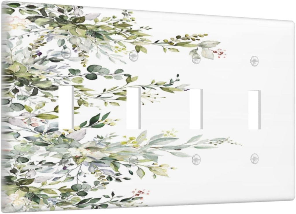 Decorative Light Switch Plate Covers Rustic Eucalyptus Leaves Green Leaf 4 Gang Light Switch Cover Quad Toggle Wall Plate Outlet Covers for Bedroom Home Decor