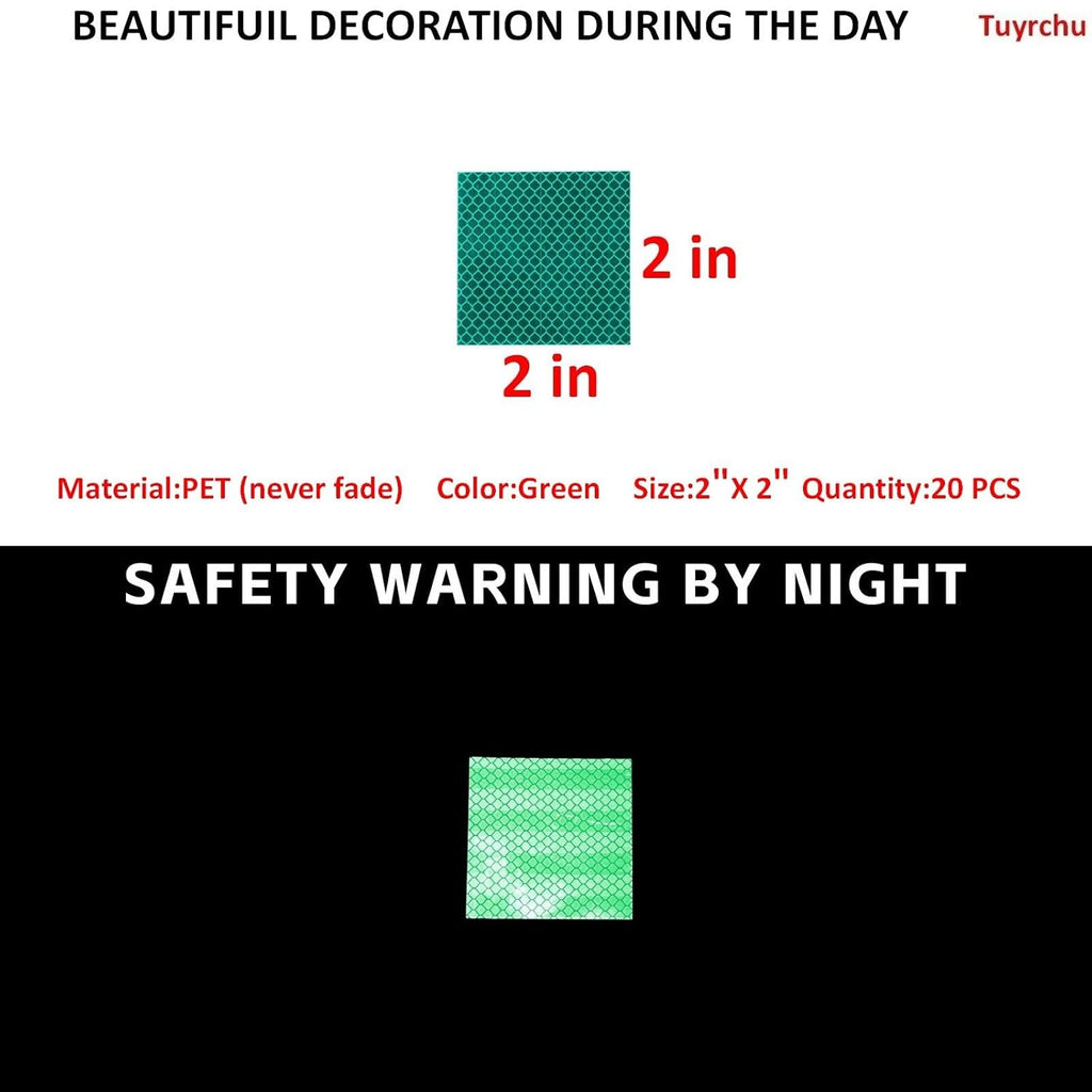 Non Fading Green Reflective Stickers 2 inch X 2 inch, Outdoor Waterproof High Visibility Warning Safety Adhesive Reflector Tape (20 Pcs)