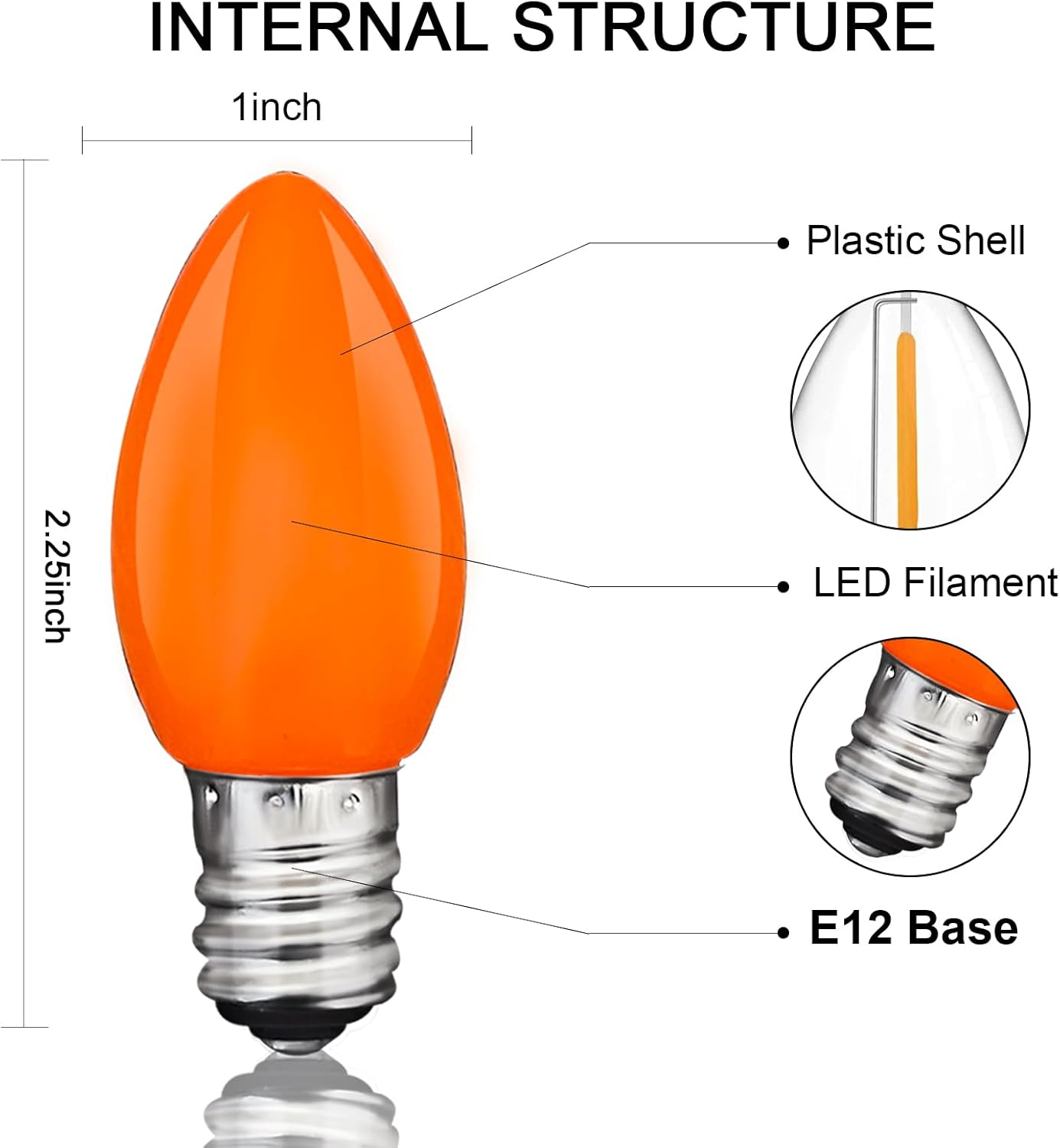 C7 Orange LED Light Bulbs, 25-Pack E12 Base, Halloween & Outdoor String Lights, Waterproof, Energy-Efficient Night Light Bulbs, Replacement Bulbs for Porch, Patio, Yard & Holiday Decor