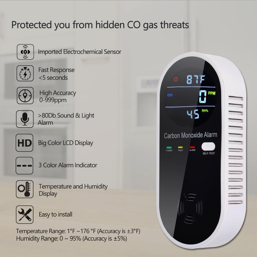 Carbon Monoxide Detectors, Plug in Type CO Alarm Monitor with Clear LCD Display, 3-in-1 Carbon Monoxide Detector (CO, Temperature and Humidity Display), Easy to Read & Install, KH106, Black