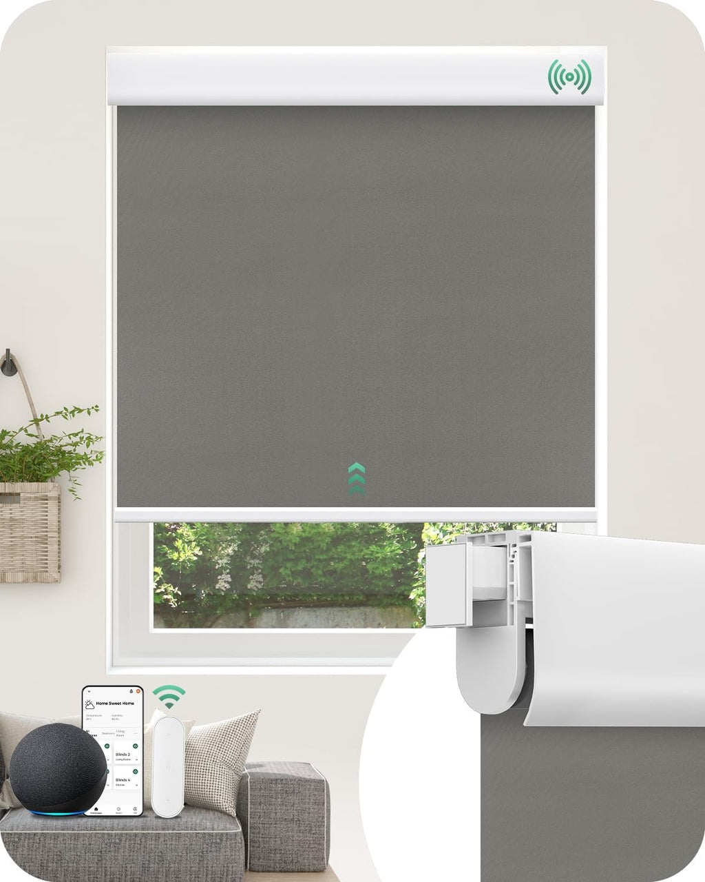 Allesin No Drill Motorized Roller Blinds – Rechargeable Electic Blackout Shades with Cassette Cover, Utral-Quiet Motor, Automatic Blind with Remote for Indoor Windows (Smoky Gray, 35" W x 72" H)
