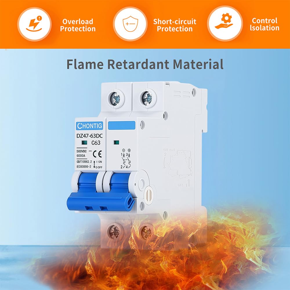 63 Amp Miniature DC Circuit Breaker 500V 2 Pole, Solar PV Disconnect Switch with Thermal Magnetic Trip, DIN Rail Mount Isolator C63