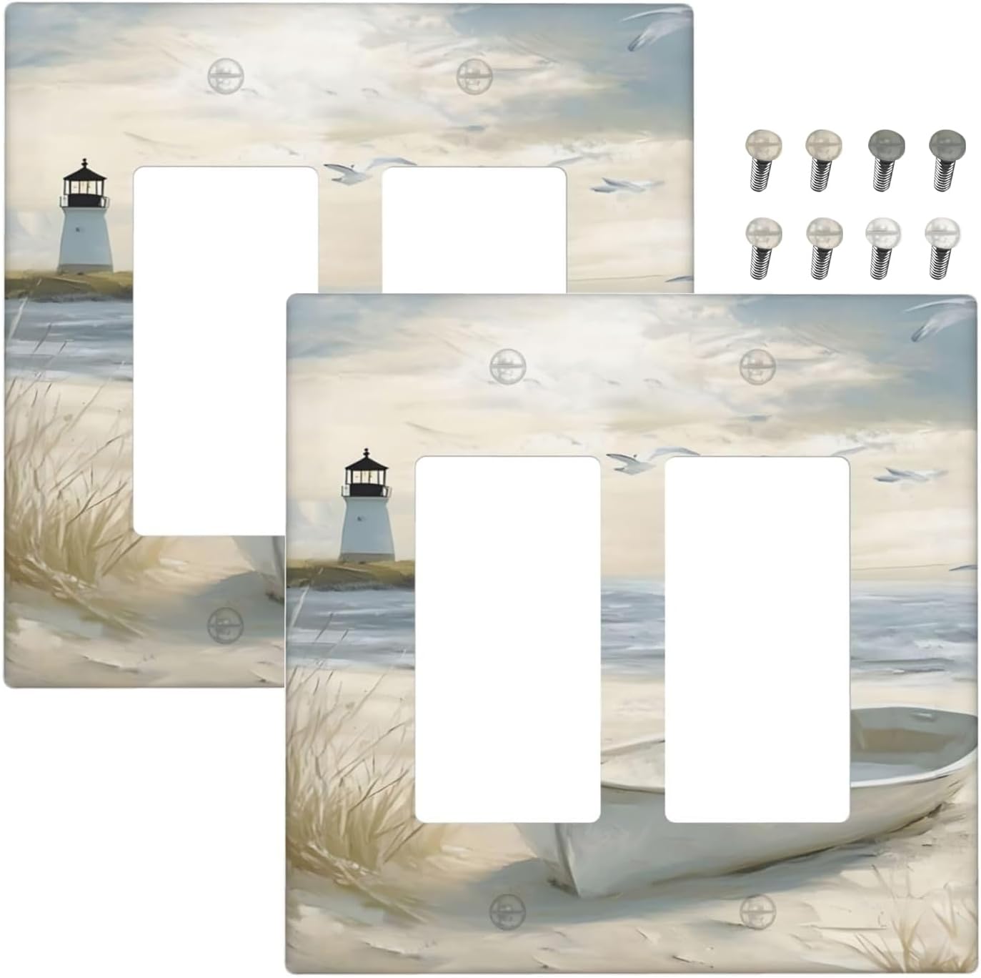 Decorative Outlet Covers Seascape Painting with Lighthouse Boats 2 Gang Wall Plate Double Rocker Light Switch Cover Double Switch Plate Cover for Bedroom Home Decor（2 Pack）