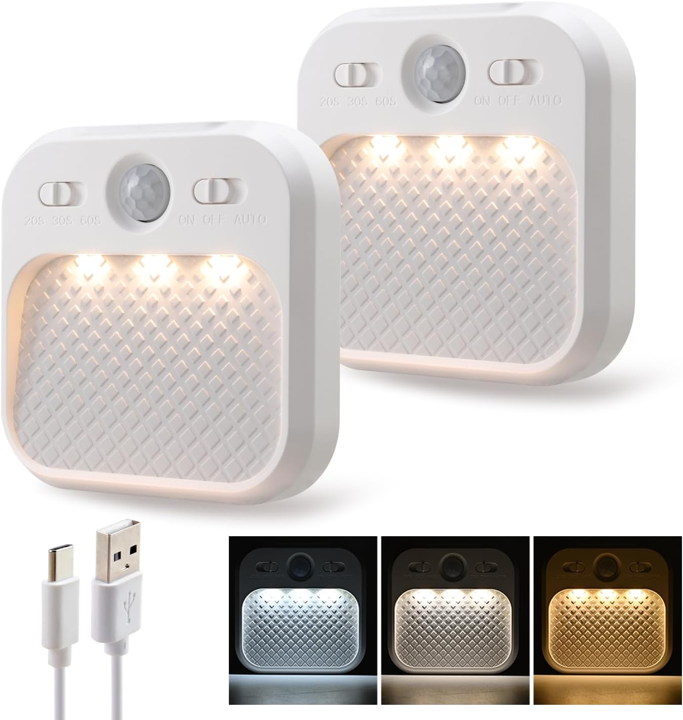 Led Night Light with Motion Detector 2 Pack, Cabinet Light Dimmable with Timer Function, Staircase Lighting 3 Color Temperature 3000/4500/6000K, Hallway Light Rechargeable 600mAh for Children's Room