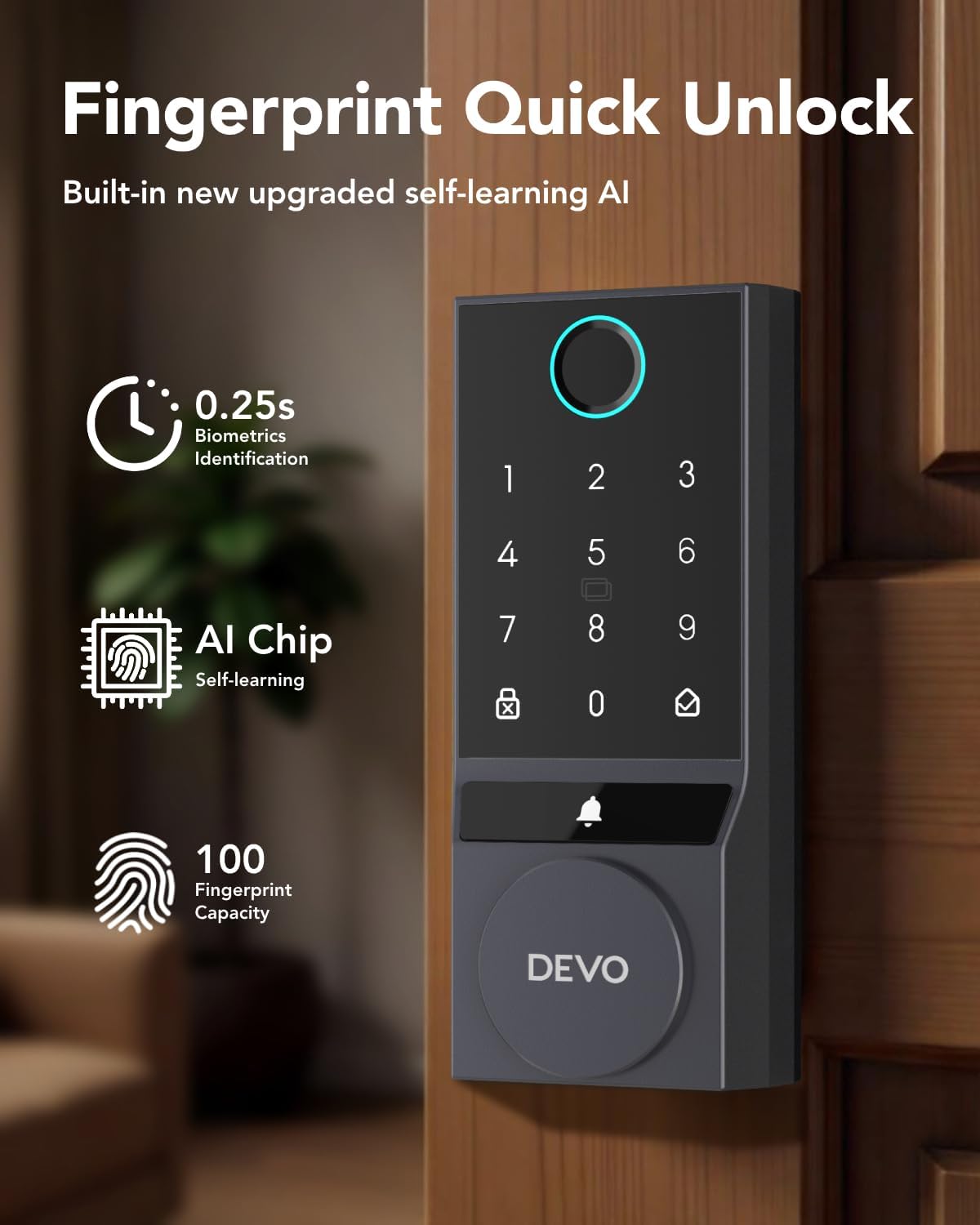 Devo G3 Fingerprint Smart Door Lock, Keyless Entry Door Lock, App Control, Smart Locks for Front Door, Smart Deadbolt Lock, Built-in Wi-Fi, Touchscreen Keypad, 8 Months Battery, IP54 Waterproof