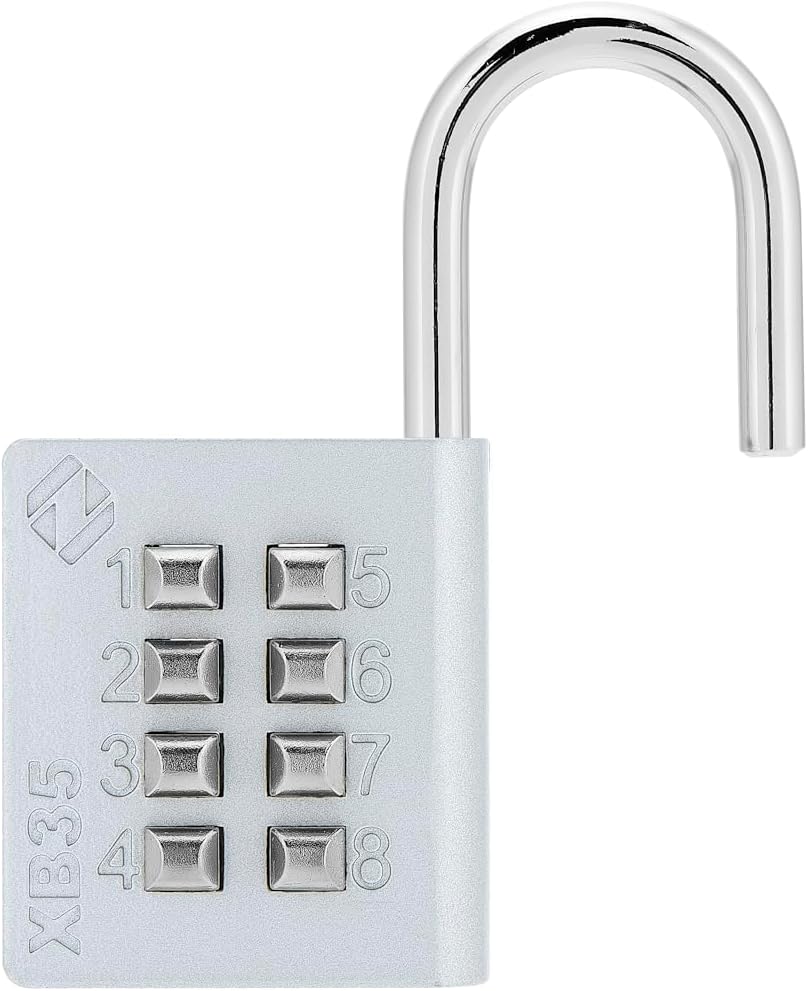 XB35 8-Digit Push Button Combination Padlock, 4 Digit Locking Mechanism, Gray, 1-Pack