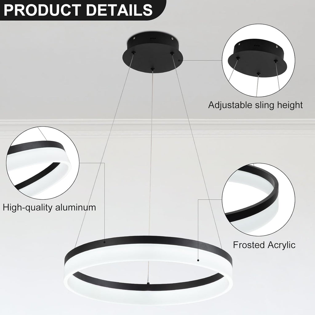 Buccleuch Modern LED Chandelier - Dimmable 19.7" Black Round Pendant Light, Height Adjustable UL-Certified Ceiling Light for Dining Room, Kitchen Island, Living Room, Bedroom, Foyer