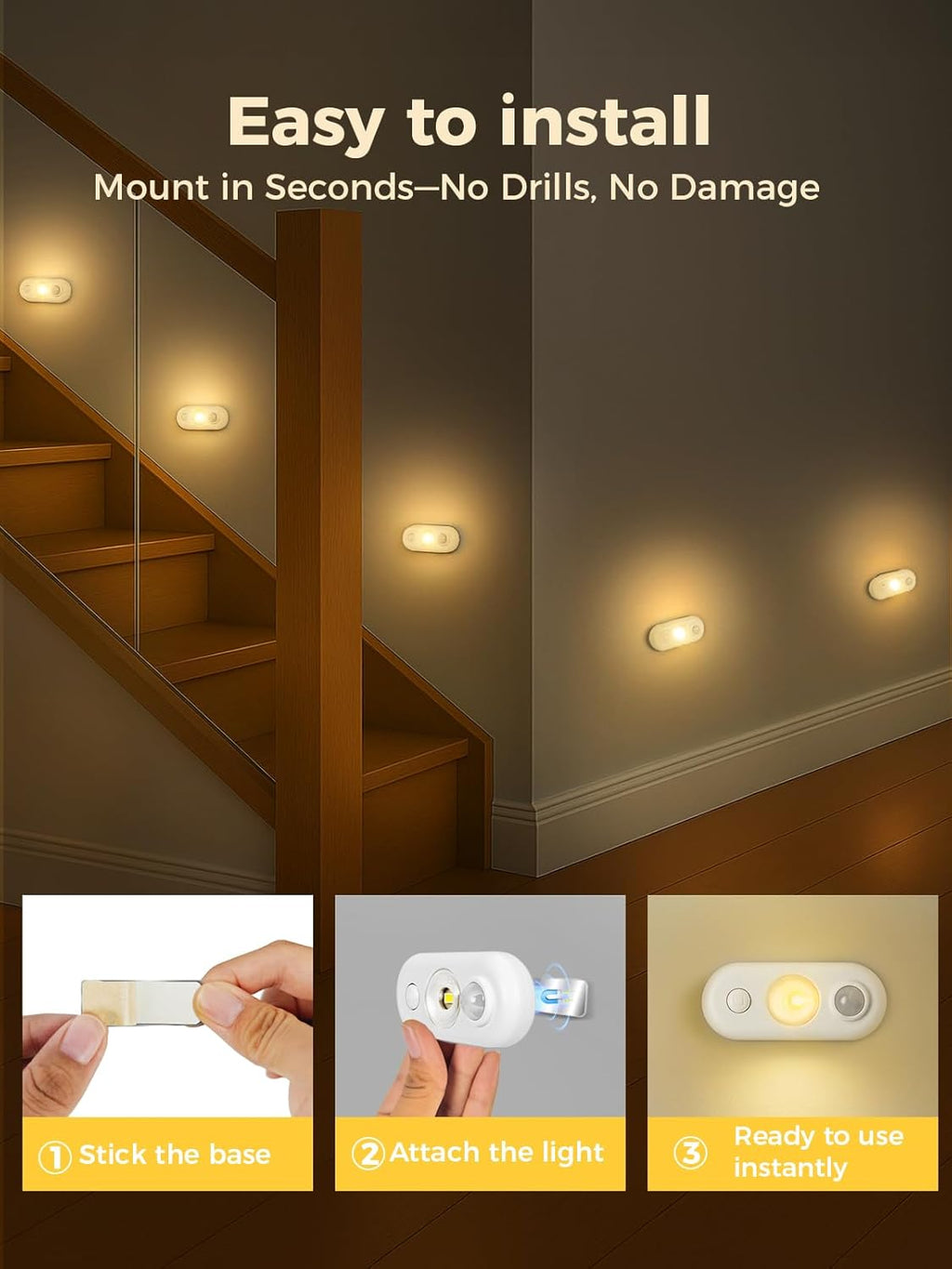 YGS-Tech LED Motion Sensor Light Indoor, Rechargeable Puck Lights, Magnetic Dimmable Under Cabinet Light, Wireless LED Lights for Closet, Kitchen, Stairs, Warm White, 6-Pack (White)