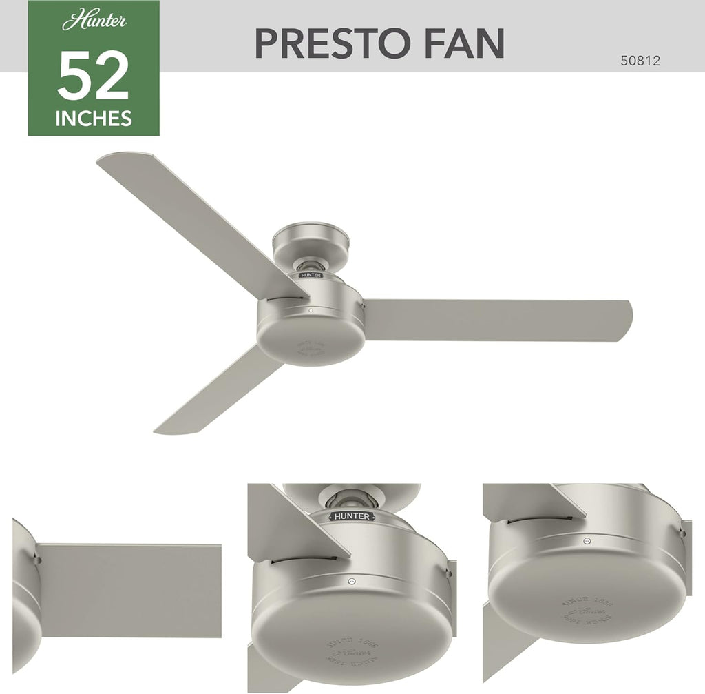 Hunter 52 inch Indoor Ceiling Fan No Light - Modern Ceiling Fan without Light, 3 Blades, Standard Mount, For Bedroom, Living Room, or Kitchen, Wall Control - Presto 50812, Matte Nickel