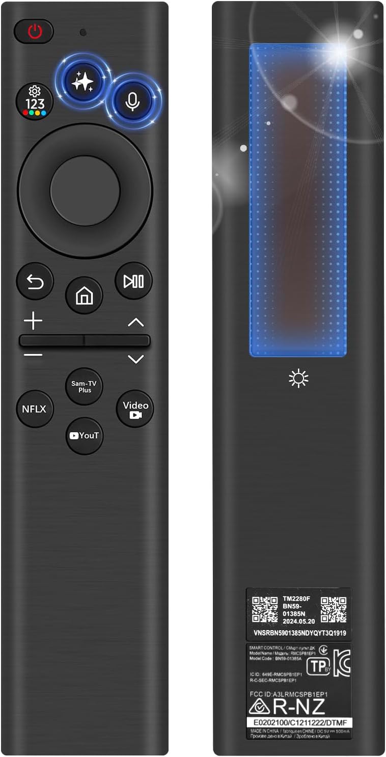 AI Solar Voice Remote Compatible with Samsung Smart TVs 2018–2025, Bluetooth Rechargeable Remote with Solar Charging, USB-C Port, Smart Assistant Control & App Shortcut Buttons