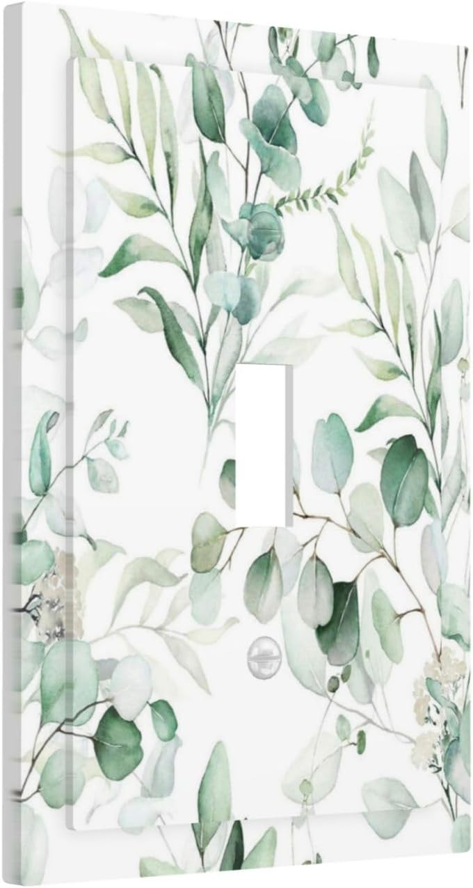 Boho Green Eucalyptus Leaf Floral Plants Flowers Decorative Light Switch Cover 1 Gang Single Toggle Device Electrical Faceplate Switchplates Decorator Outlet Wall Plate for Bed Room Living Room Decor