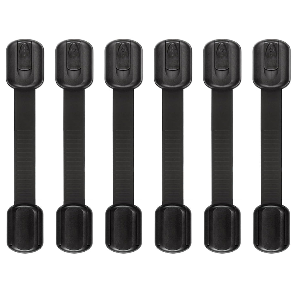 Child Safety Strap Locks (6 Packs) Baby Lock for Drawers, Refrigerators, Dishwashers, Toilet Seats, Cabinets, Ovens, Trash Cans, etc. Easy to Install, No Drilling Required, 3M Adhesive Pads (Black)