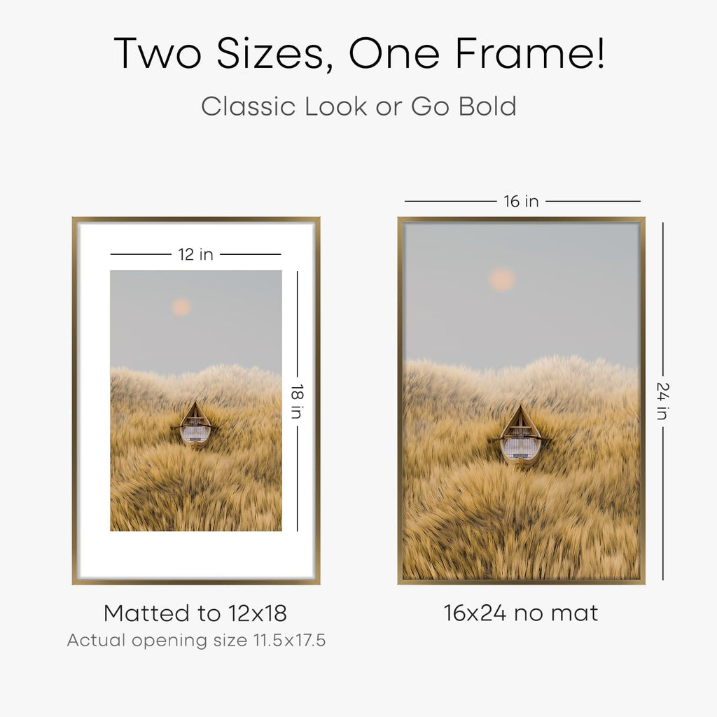 Homeforia 16 x 24 Bronze Frame, High End Metal 16x24 Brass Picture Frames with Mat 12x18 Photo, 16 x 24 Poster Frames Matted to 12 by 18 Print, 24x16 Hanging Frames, Tempered Glass, Wall Kit, Set of 1
